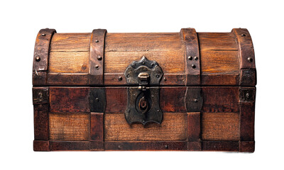 Old wooden chest with closed lit, treasure storage on transparent background.