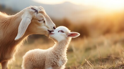 Obraz premium A tender moment captured with a mother goat and her baby lamb sharing a kiss in a serene countryside setting, symbolizing love and the bond of family in nature.