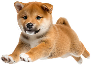 Playful Shiba Inu Puppy: A vibrant Shiba Inu puppy, in mid-air, leaping with boundless energy and a joyful expression. Capturing the essence of puppyhood's delightful charm and boundless zest.