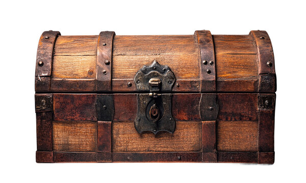 Old wooden chest with closed lit, treasure storage on transparent background.