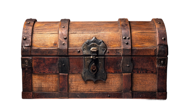 Old wooden chest with closed lit, treasure storage on transparent background.