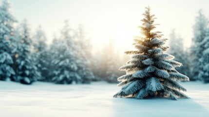 A picturesque winter scene features a lone snow-covered evergreen tree, glowing softly in the sunlight, evoking feelings of tranquility and peace during wintertime.