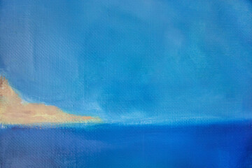 Abstract background. Laconic seascape with land on skyline. Original painting turquoise blue water surface with space for text.