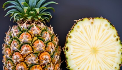 close up of whole pineapple with rough skin and green crown on the left side, under radiant ivory tones, ample copy space on the right side for photo use.