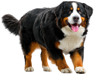  Majestic Bernese Mountain Dog: A large and fluffy Bernese Mountain Dog with a striking tricolor coat, exuding confidence and friendliness, poses outdoors with a radiant smile.