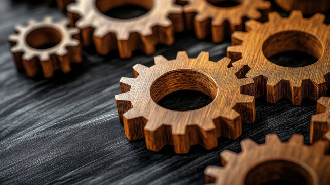 A collection of wooden gears are arranged on a black background. Concept of precision and order, as the gears are all neatly aligned and spaced out. The wooden material adds a rustic