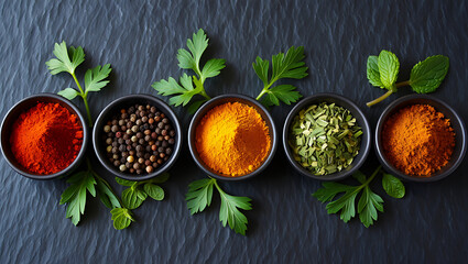 Assortment of Spices and Herbs in Bowls on Dark Background
