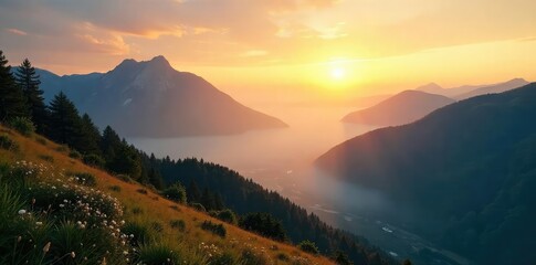 Fototapeta premium A serene, misty mountain landscape at sunrise, bathed in soft golden light Perfect for travel, nature, or inspirational projects , calm, nature