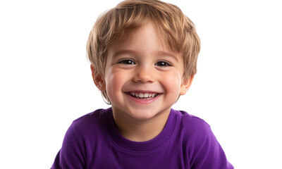 Portrait of a smiling little kid, a cheerful, joyful, cute little boy in purple long sleeve, isolated on a transparent background.