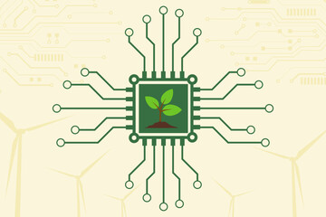 Fototapeta premium Green processor chip with leaf technology concept