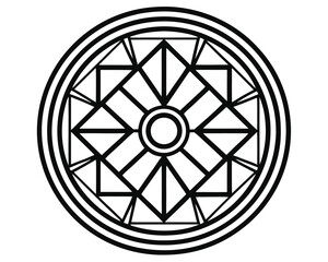 Obraz premium Geometric Mandala: Circular Vector Illustration with Repeating Triangular and Rectangular Patterns in Black and White for Design, Decoration, and Creative Projects