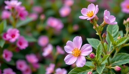 Obraz premium pink and yellow blossoms on a flowering plant, positioned on the right side of the frame with clear copy space on the left for photos.