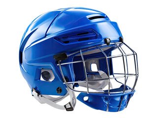 Fototapeta premium Protective Blue Lacrosse Helmet: A glossy blue lacrosse helmet with a protective cage sits ready for action, symbolizing safety and readiness in this dynamic sport.