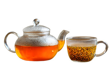 Glass teapot and cup of tea on transparent background