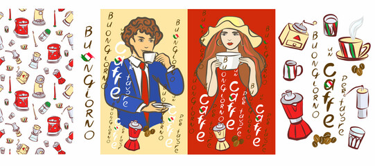 Italian man in blue suit drinking espresso, girl in red dress holding cappuccino. Coffee machine, grinder, Turkish coffee, milk frother, filter coffee, French press.Hand drawn vector clip art, cards.