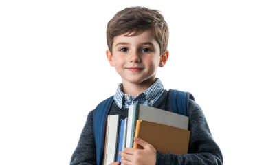 Portrait of a young schoolboy holding school books, isolated on a transparent background.