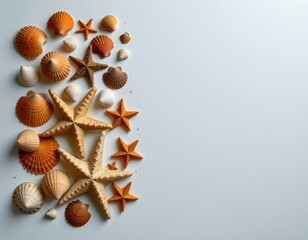 Obraz premium multiple seashells and starfish arranged neatly on the left side of a white background, under a soft, electric glow, ideal for photos with ample copy space on the right.