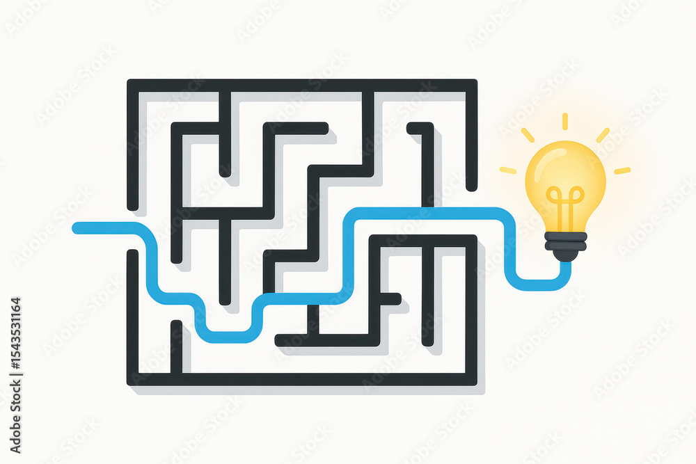 Poster a strategic approach navigates challenges within a complex maze symbolizing innovation and clear pro