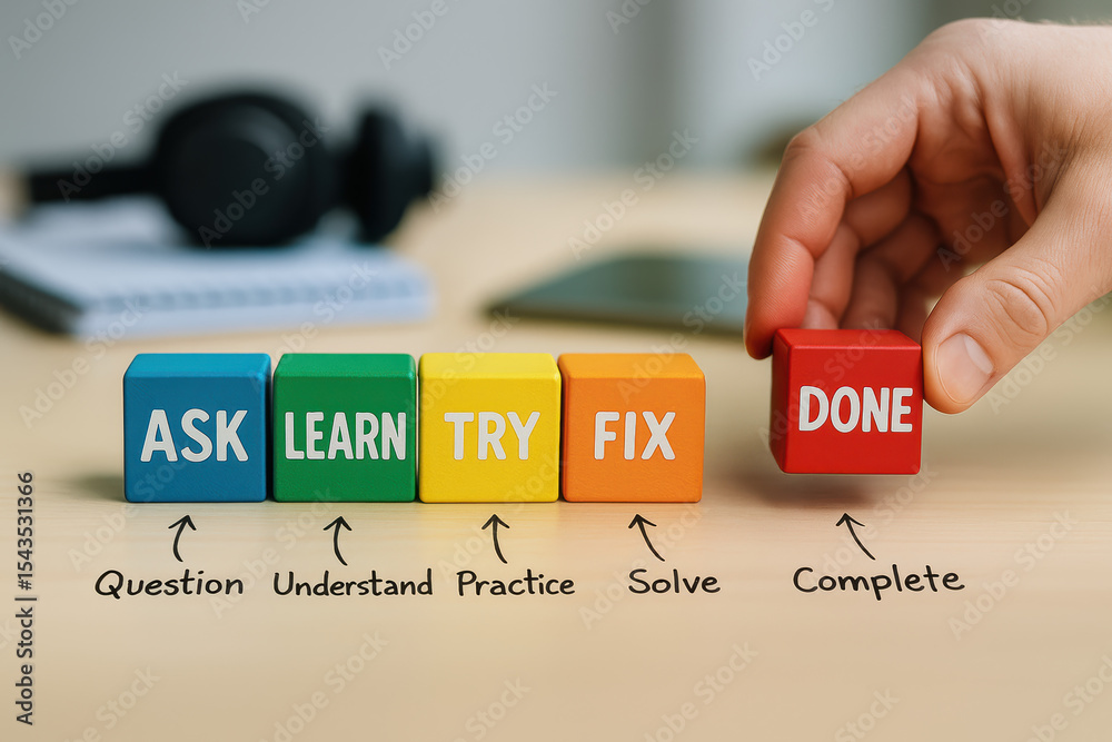 Poster a close-up a arranging colorful blocks symbolizing the business process from inquiry to completion