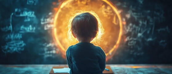 Child gazing at a bright, cosmic circle.  Mysterious, educational, imaginative.