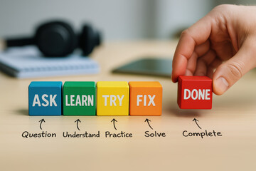 A close-up a arranging colorful blocks symbolizing the business process from inquiry to completion