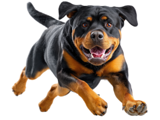 Running Rottweiler: A powerful Rottweiler dog leaps joyfully through the air, its powerful muscles and intense gaze captivating.