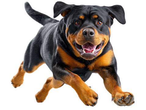 Running Rottweiler: A powerful Rottweiler dog leaps joyfully through the air, its powerful muscles and intense gaze captivating.