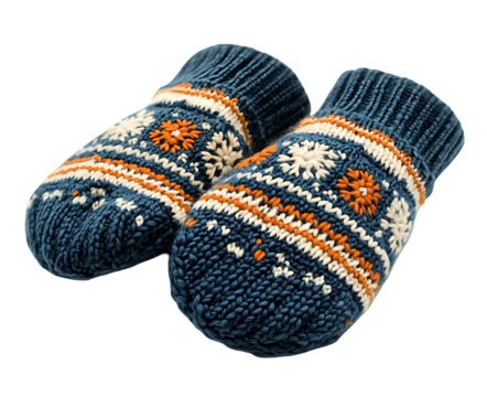 Cozy winter mittens blue orange white snowflake pattern knitted warm