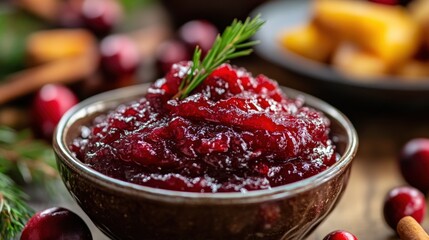A Bowl Of Delicious Cranberry Sauce Garnished With Herb