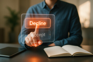 Decision-making in business is represented here by a digital interface where the choice to decline is actively selected highlighting control and strategic interaction