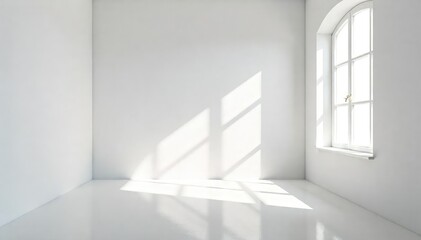 Fototapeta premium A stark white room, bathed in sunlight streaming through a large window, minimalist decor, creating a clean, serene atmosphere Perfect for themes of purity, simplicity, and serenity , serene, simple