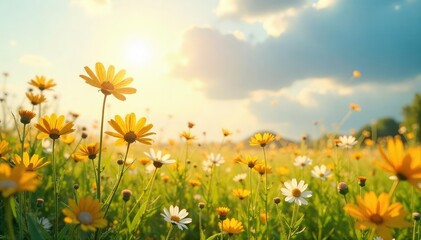 Obraz premium A sun-drenched field of wildflowers swaying gently in the breeze, symbolizing carefree joy and inner peace Perfect for illustrating concepts of contentment and well-being , uplifting, calm, growth