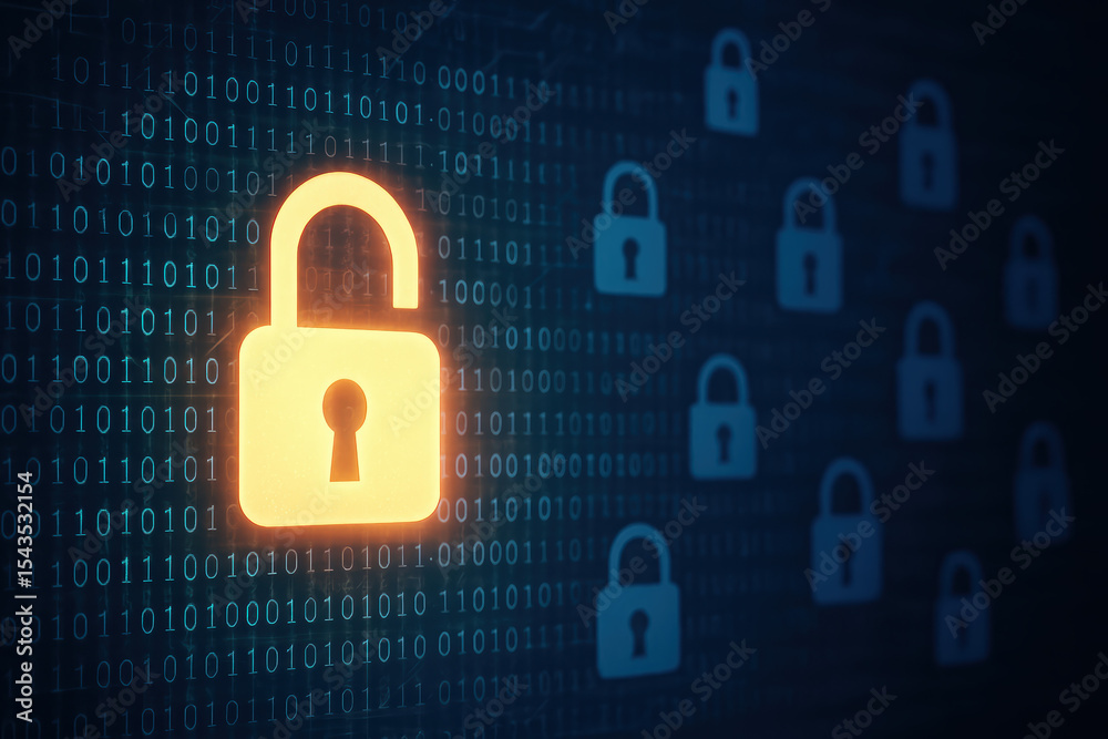 Poster security vulnerability in digital systems is illustrated by a glowing open padlock amid numerous loc