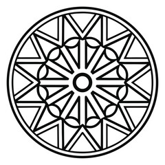 Geometric Circular Ornament: Intricate Black and White Design featuring Triangles and Arcs in a Radial Pattern for Decorative Art and Textile Applications