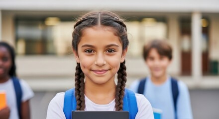 Happy schoolgirl with backpack and books smiling at camera