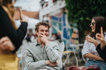 A group of friends having a lively discussion and sharing laughter outdoors at a vibrant cafe,...