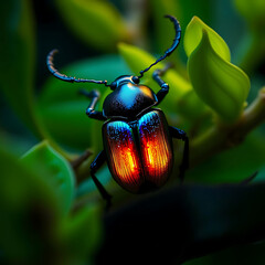 Close-up of a Beetle with Glowing Iridescent Blue and Red Shell, 4k