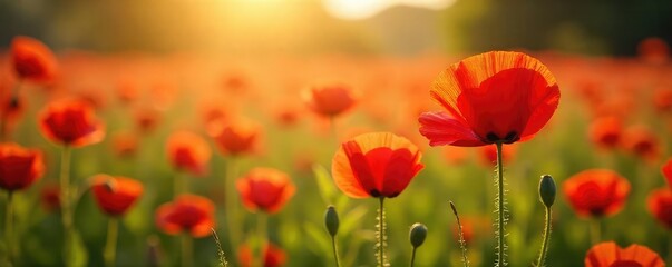 Fototapeta premium A vibrant field of red poppies swaying gently in the summer breeze, bathed in golden sunlight Perfect for nature, floral, and summer themes , gorgeous, poppy, stalk