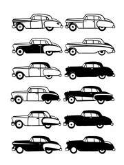 Obraz premium Set of Classic Vintage Car Silhouettes in Black and White for Retro Automotive Design