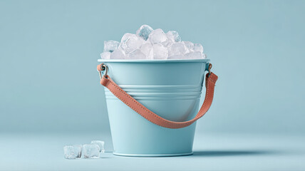A blue metal bucket filled with ice cubes stands on a matching blue surface, with a few ice cubes scattered beside it.
