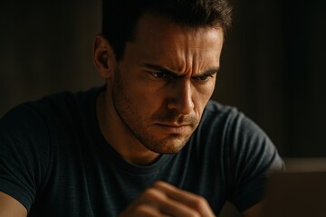 Obraz premium Focused man engaged in intense work at his desk during evening hours in a dimly lit room