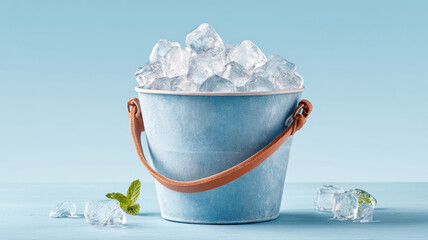A blue metal bucket filled with ice cubes sits on a light surface, with a few ice cubes and mint leaves scattered beside it against a light blue background.