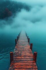 Obraz premium Misty wooden dock extends into a teal-toned lake