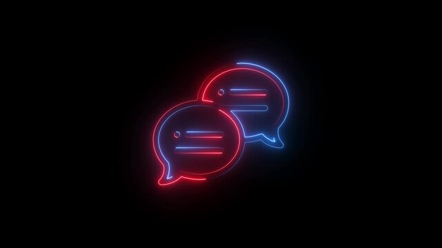 Glowing neon chat bubbles communication icon on a black background for digital concepts