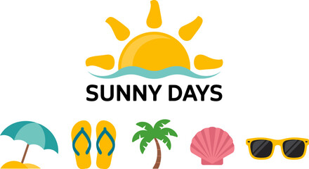 Sunny days theme with sun umbrella slippers swimwear and sunglasses in flat modern summer icon style  
