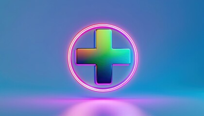  glossy neon gradient 3d plus sign icon inside glowing circle on smooth blue background for app interface, health branding, web design, and digital graphics use