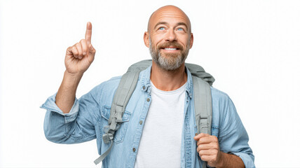 A smiling bald man with a beard wearing a backpack and denim shirt points upward, looking excited and hopeful.