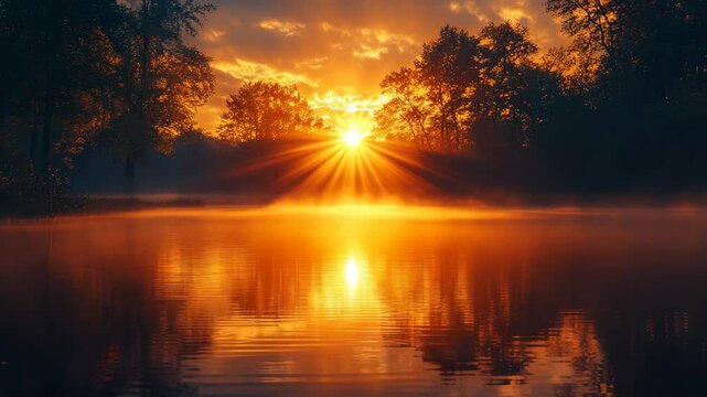 Morning unfolds as the sun rises over a serene river, casting shimmering reflections on the water. Wisps of mist linger, creating a tranquil atmosphere rich with natural beauty.