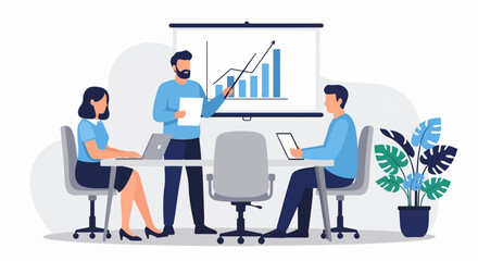Flat Design Illustration of Three Young Adults in a Business Meeting with Presentation Screen, Laptop, and Tablet Representing Team Collaboration and Data Sharing in Modern Office