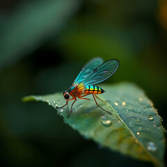 Close-up of a Vibrant Iridescent Fly on a Dewy Green Leaf, 4k